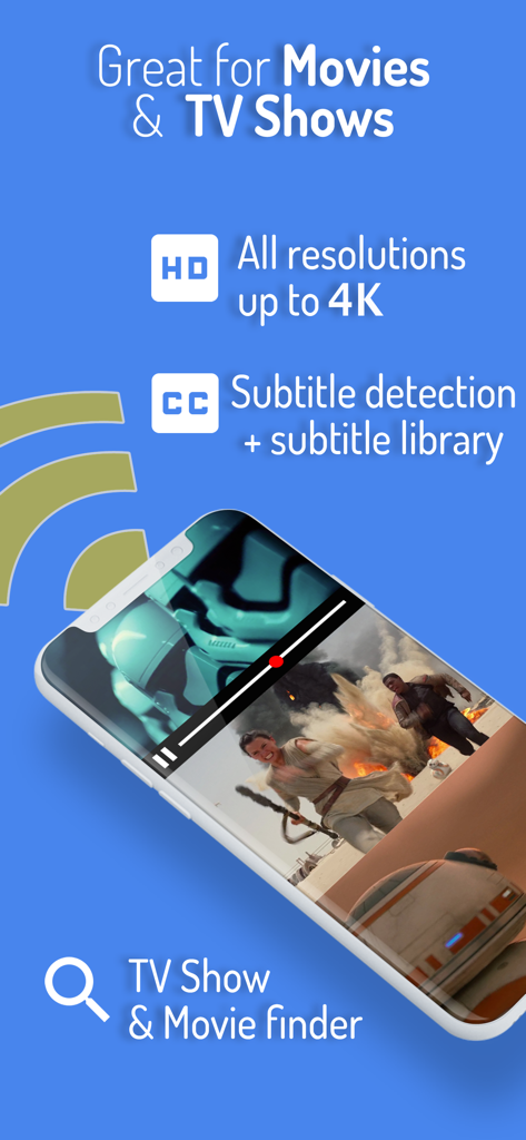 Cast Web Videos app features including 4K resolution movie finder and subtitle detection