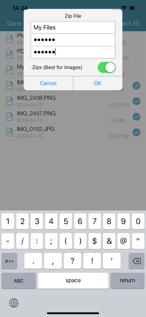 Creación de un archivo zip protegido con contraseña y cifrado en la aplicación móvil WinZip Pro