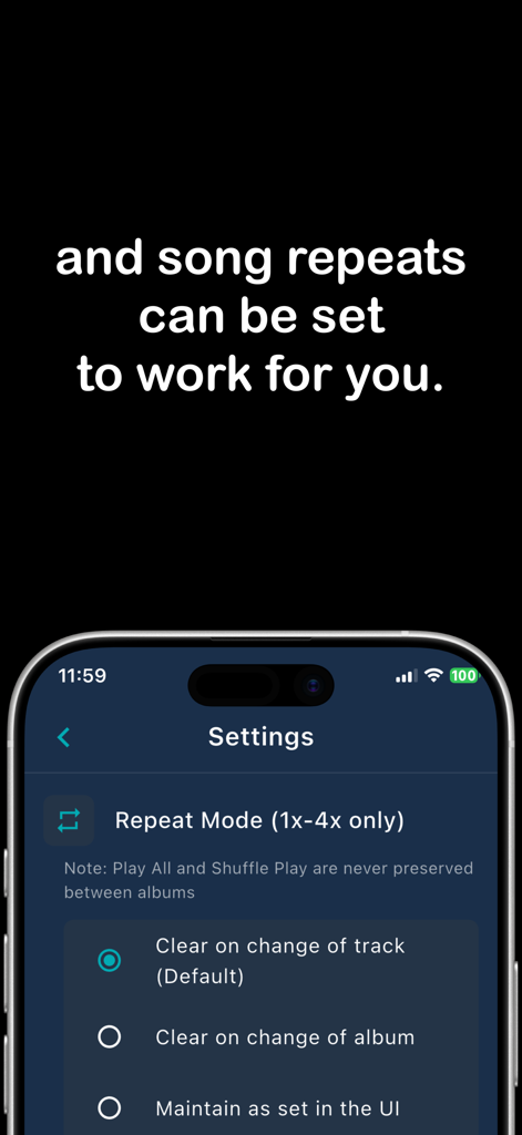 Cadance Dance Tempo Control - Interface de l'application Cadance montrant les paramètres du mode de répétition pour la musique de danse