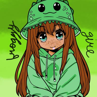 girl with anime shaped eyes with a dinosaur bucket hat oversized sweatshirt long straight hair