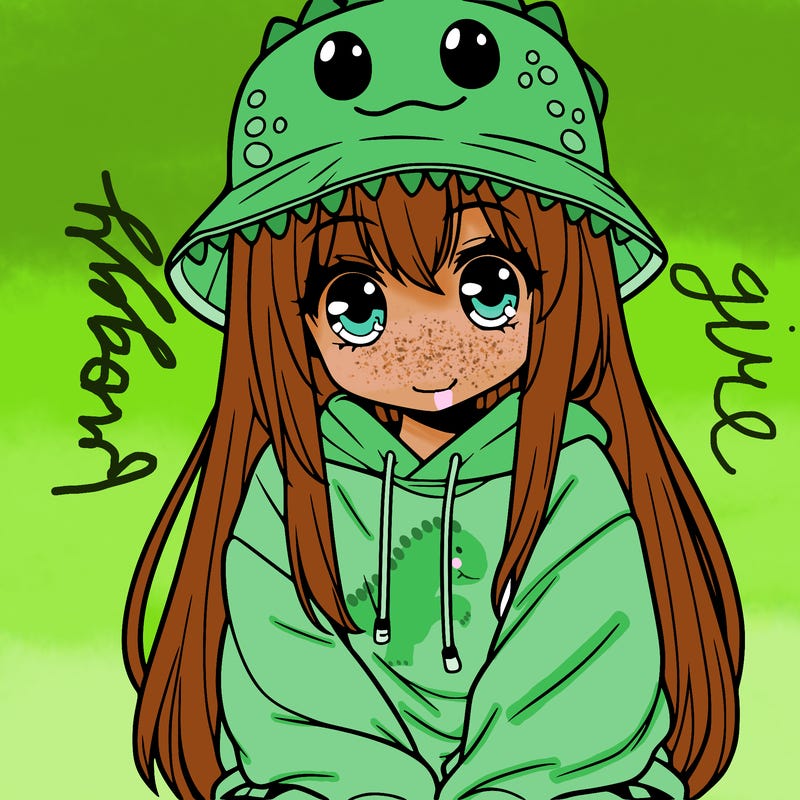 girl with anime shaped eyes with a dinosaur bucket hat oversized sweatshirt long straight hair