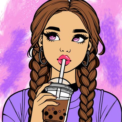 realistic girl with braided hair drinking boba
