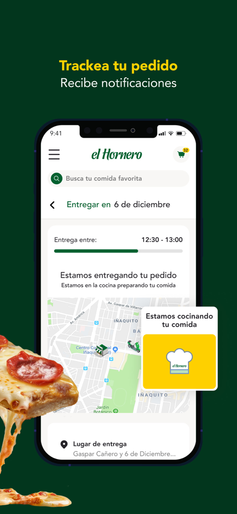 El Hornero Ecuador - El Hornero Ecuador app screen showing pizza delivery tracking and order status