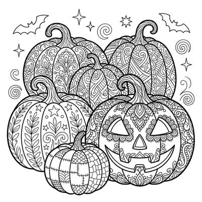 Dive into the festive spirit of Halloween with this stunning adult coloring page featuring an array of intricately patterned pumpkins. Each pumpkin offers unique mandala-like designs, perfect for a relaxing and creative coloring session.