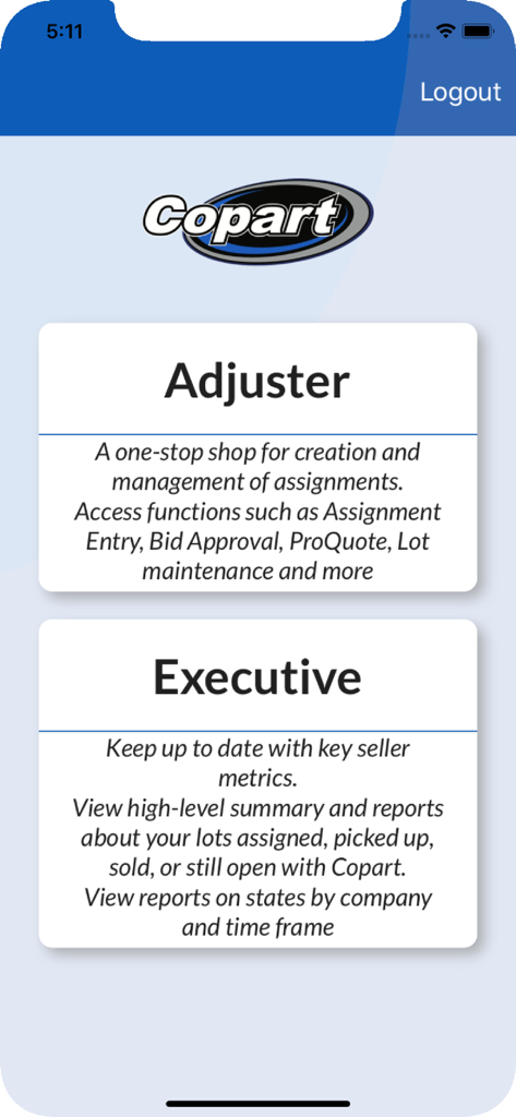 Copart Seller Mobile app home screen displaying the Adjuster and Executive role options.