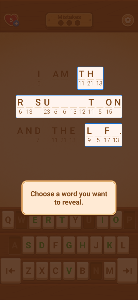 Cryptogram: Bible Code - A Bible cryptogram puzzle screen showing a gameplay hint prompt to reveal a hidden word.