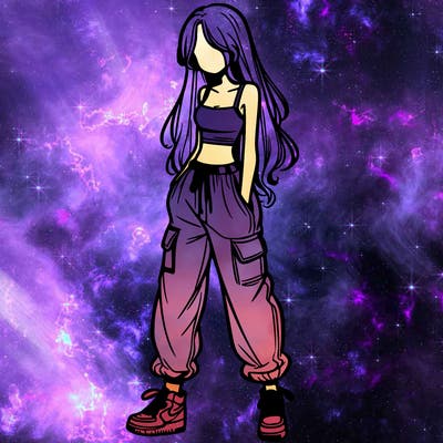 girl in baggy pants crop top and long hair