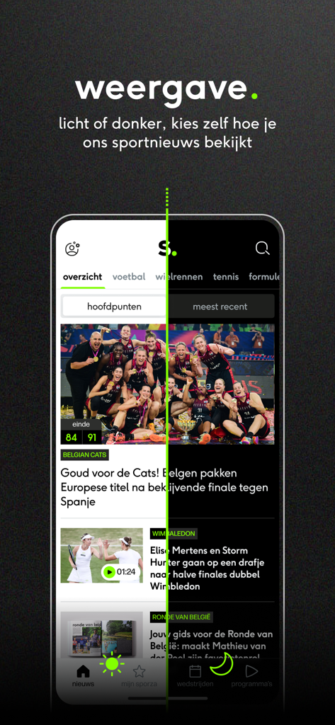 Sporza - A split screen showing the Sporza app interface in both light and dark modes.