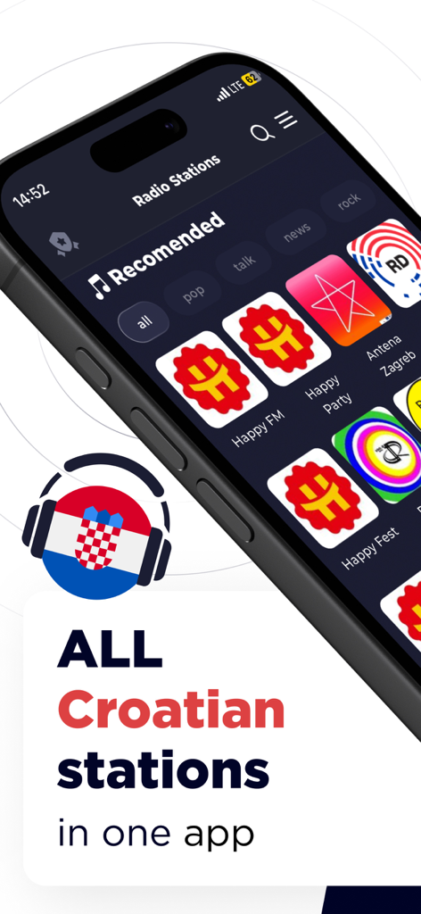Radio Croatia FM Live Online - Interface do aplicativo Rádio Croácia FM exibindo estações de rádio croatas recomendadas