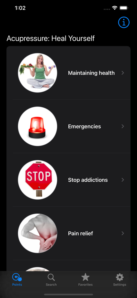 Acupressure: Heal Yourself - Main menu of the Acupressure Heal Yourself app displaying categories for health maintenance emergencies addictions and pain relief