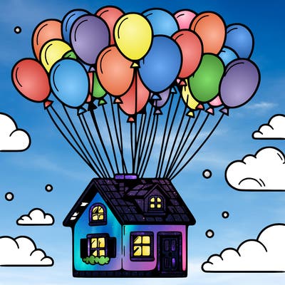 house floating from lots of balloons