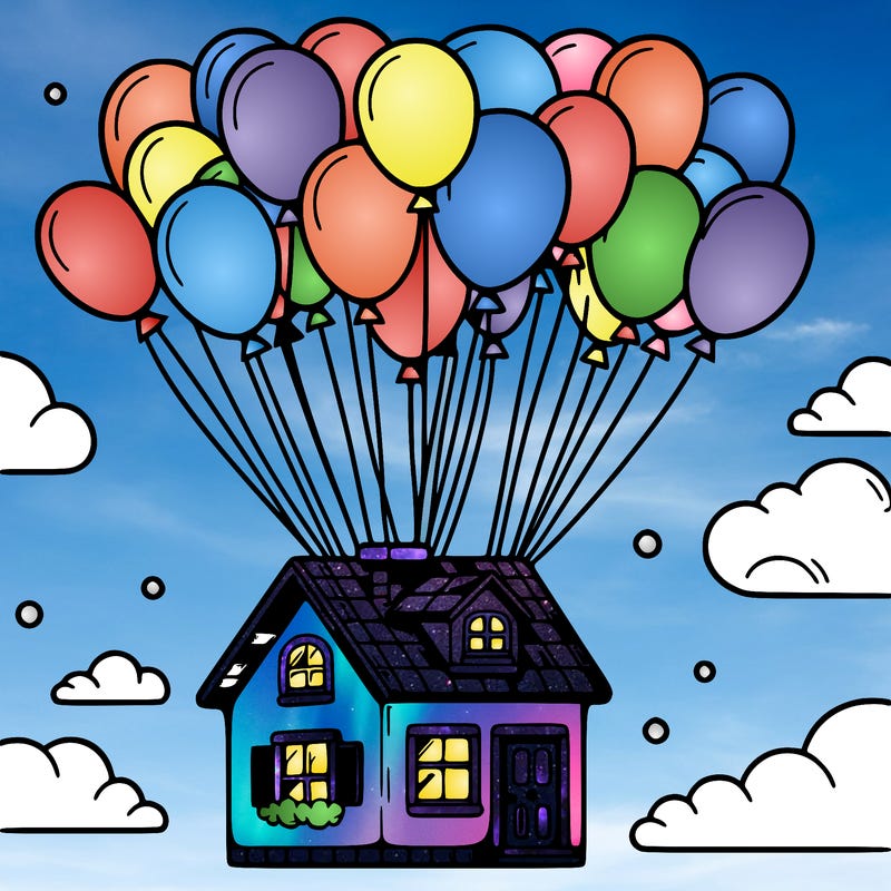house floating from lots of balloons