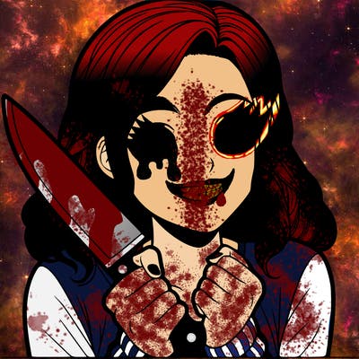 a realistic girl holding a knife and grinning