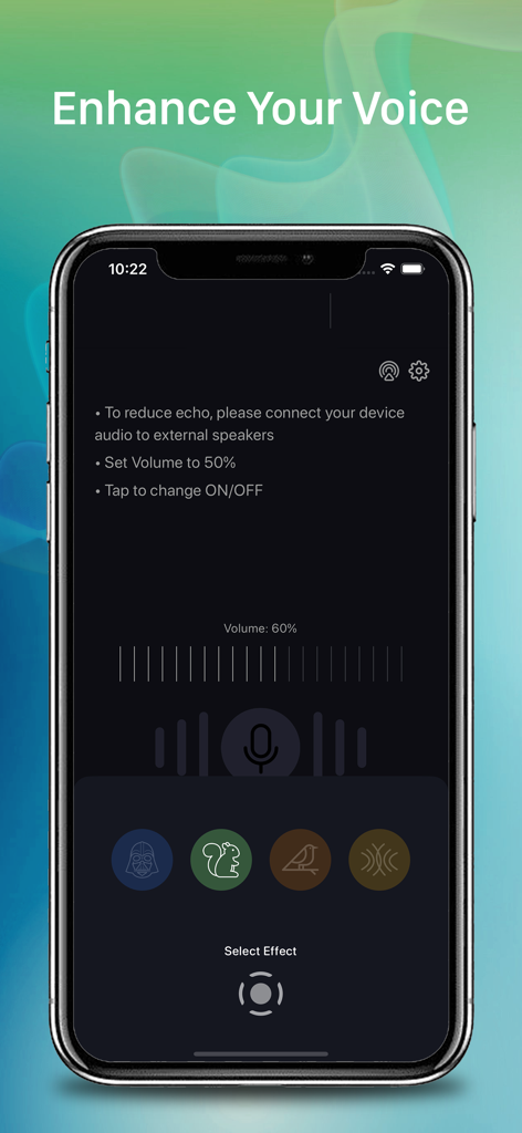 Smartphone app screen showing a live microphone interface with various voice effect icons like chipmunk and Darth Vader.