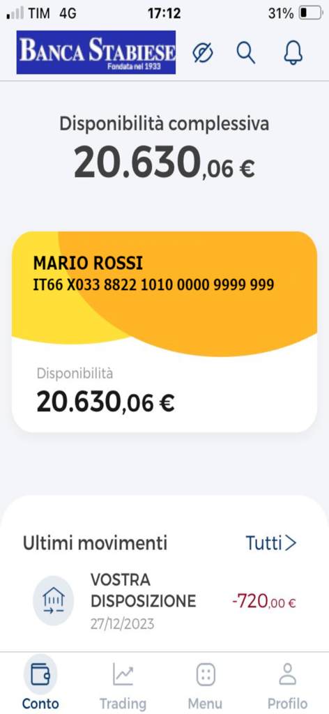 Banca Stabiese - Banca Stabiese Mobile-Banking-Dashboard mit Kontostand und aktueller Transaktionshistorie