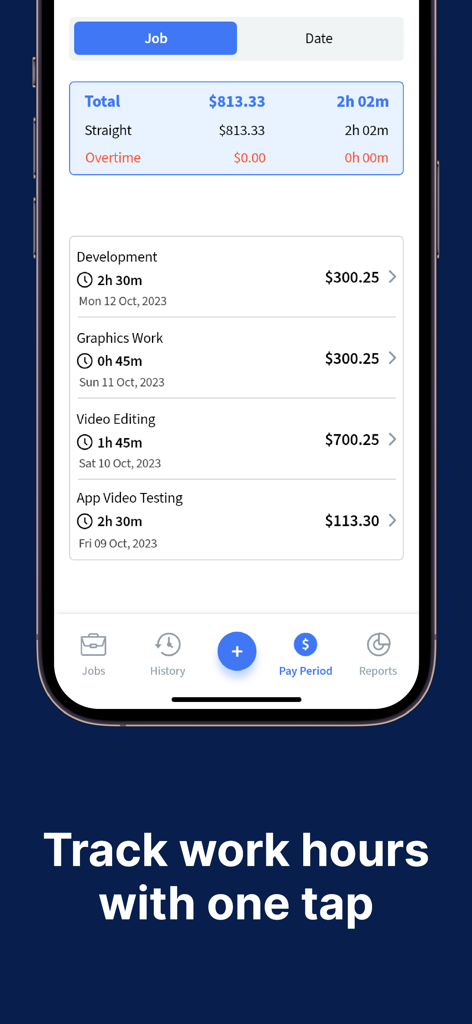 Interfaz de aplicación móvil que muestra las horas de trabajo rastreadas y las ganancias para múltiples trabajos, incluyendo desarrollo y edición de video.