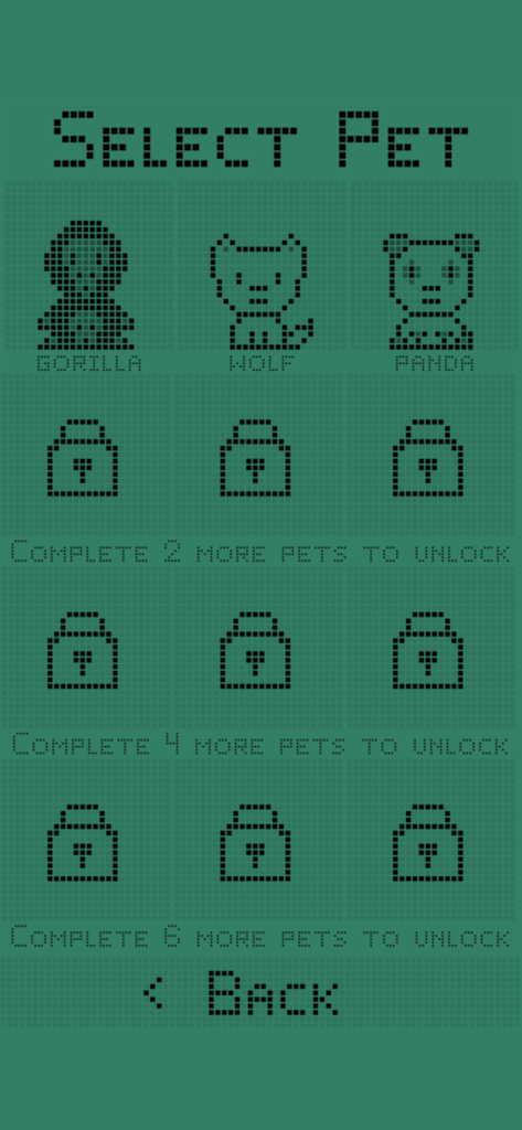 Wildagotchi select pet screen showing pixel art gorilla wolf and panda with locked slots