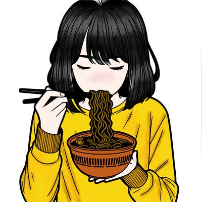 a girl realistic eating ramen noodles