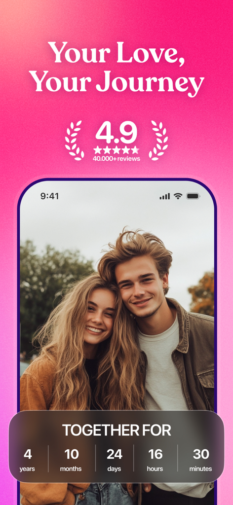 A mobile app interface displaying a couple smiling together with a live anniversary timer showing they have been together for over four years.