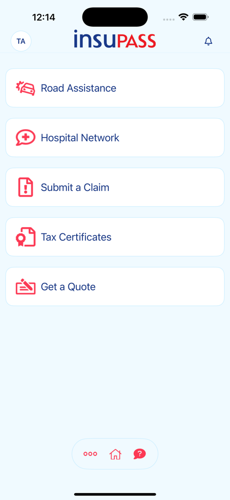 Insupass app home screen showing insurance service menu options