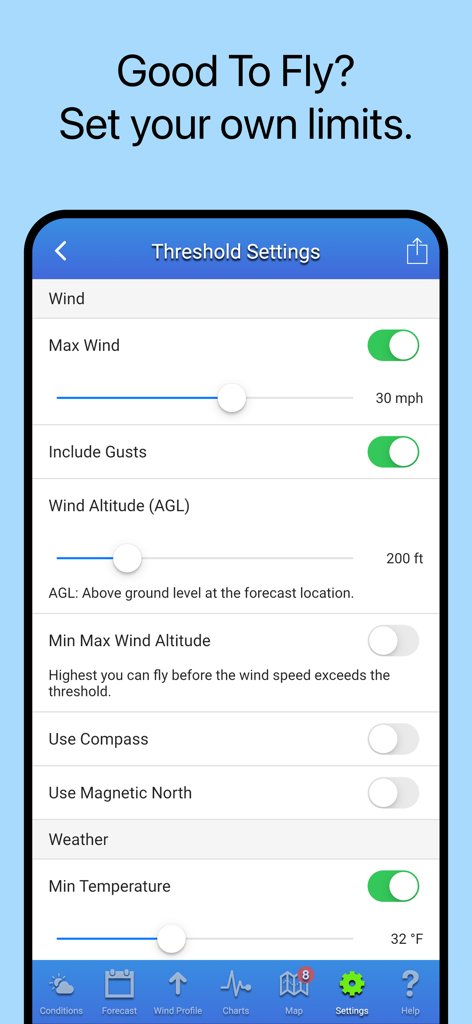 Threshold settings screen in the UAV Forecast app showing adjustable limits for wind speed, altitude, and temperature.