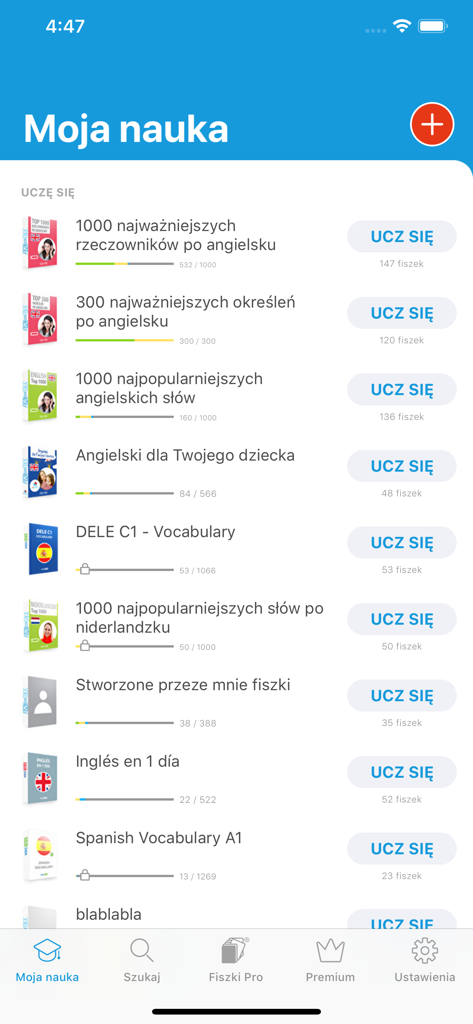 A list of language learning flashcard courses in the Fiszkoteka app showing progress bars and study buttons.