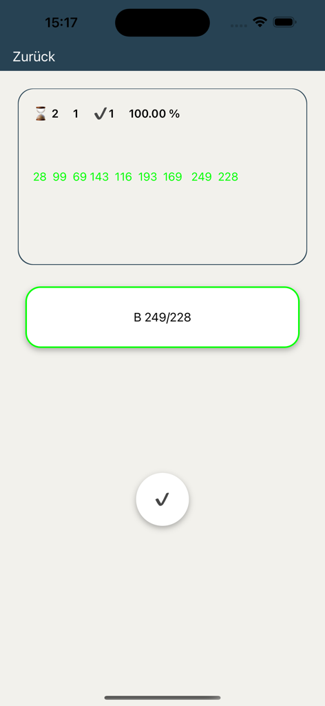 MedAT Vision - Interface de l'application MedAT Vision montrant un test de logique de séquences numériques avec un taux de réussite de 100 %.