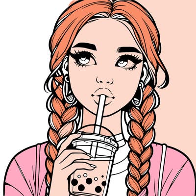 realistic girl with braided hair drinking boba