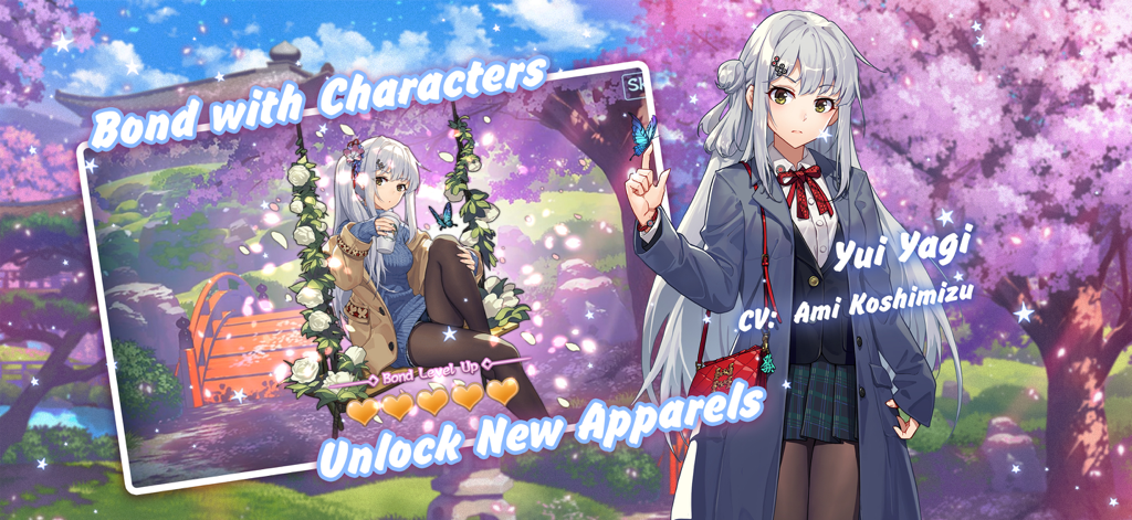 마작 소울 레벨 업 화면에 새로운 의상 옵션을 보여주는 애니메이션 캐릭터 야기 유이가 표시됩니다.