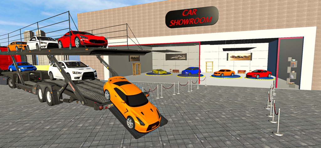 American Trailer Truck Driving - A car carrier trailer unloading sports cars at a showroom in a 3D driving simulator