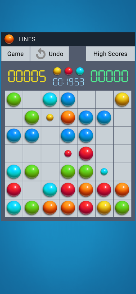 Classic puzzle grid with colorful balls and score interface