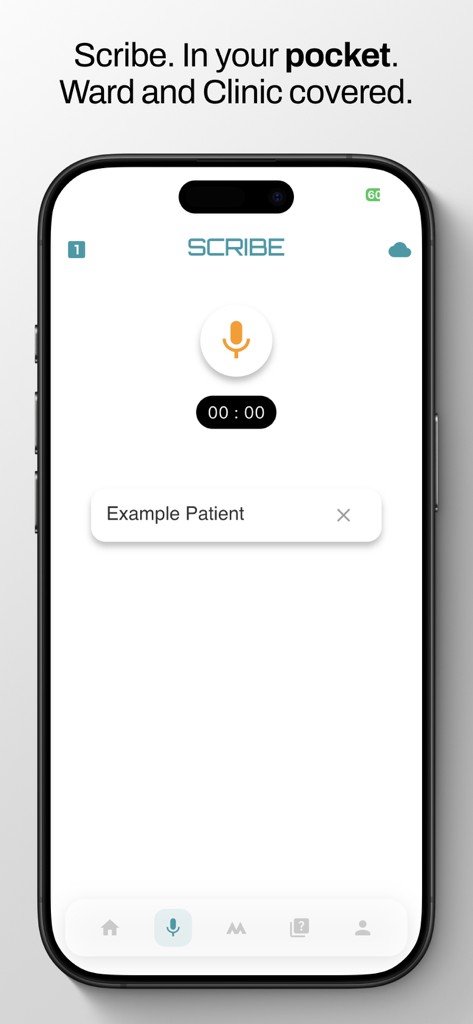 Mobile interface of the medr app showing the AI clinical scribe for recording patient notes.
