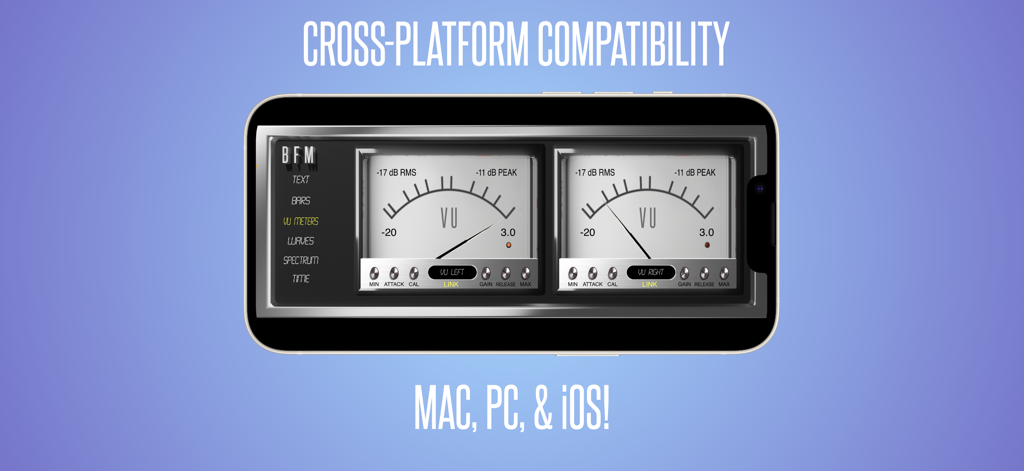 BFM - Metering Suite - Interface de l'application BFM Metering Suite affichant des compteurs VU sur un smartphone avec prise en charge multiplateforme pour Mac, PC et iOS
