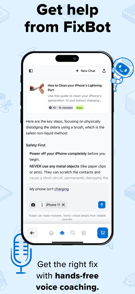 iFixit app interface featuring FixBot AI assistant and voice coaching for DIY electronic repairs.