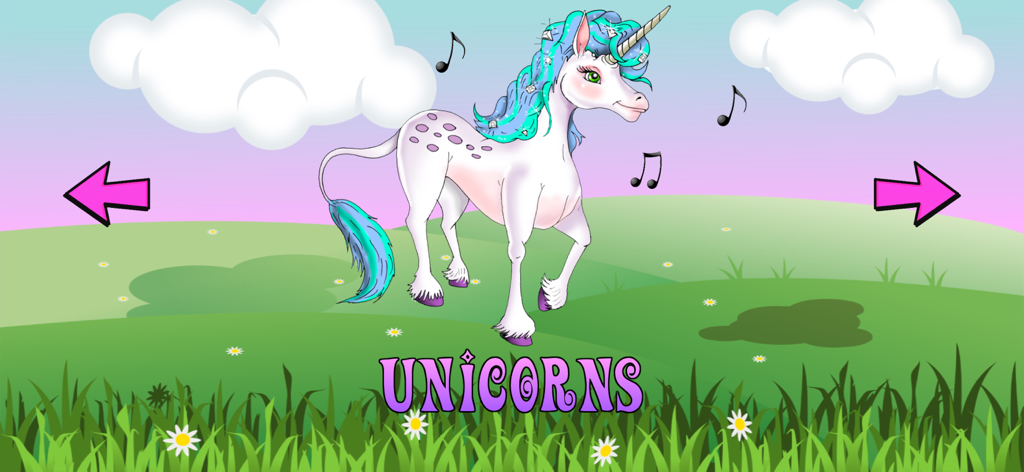 Unicorn Games - Personaje de unicornio blanco en un prado verde con notas musicales y flechas de navegación