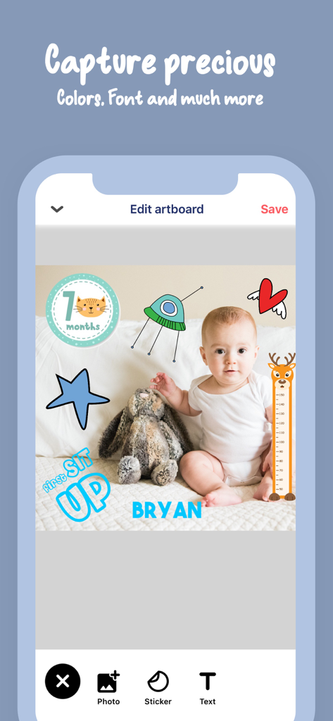 Bino: Baby Photo Editor App - Interface of the Bino app showing a baby photo being edited with milestone stickers and text