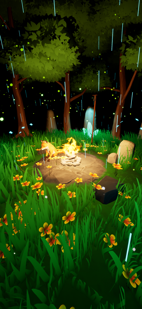 A peaceful digital forest scene at night with a fox sitting next to a campfire under glowing trees
