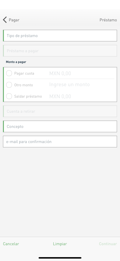 CSN Móvil - Pantalla de la aplicación CSN Movil para pagar préstamos con opciones para pagar cuotas o liquidar el monto total.