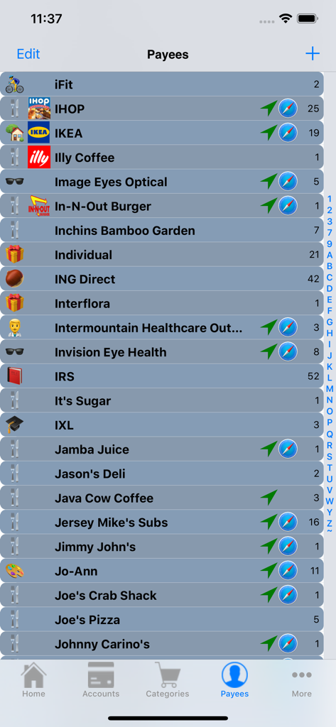 MoneyBelt - 取引数とクイックナビゲーションリンクを含む支払先リストを表示したMoneyBeltアプリのインターフェース