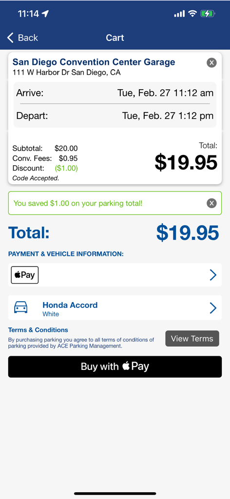 ACE Parking app checkout page for a San Diego garage reservation with Apple Pay payment option