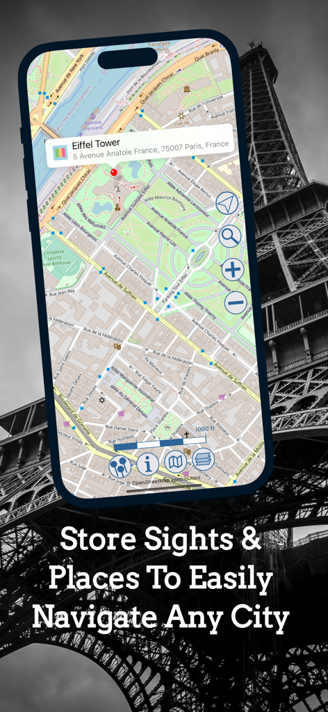 Un smartphone mostrando la interfaz de la aplicación OpenStreets 4 con un marcador guardado para la Torre Eiffel en un mapa de París