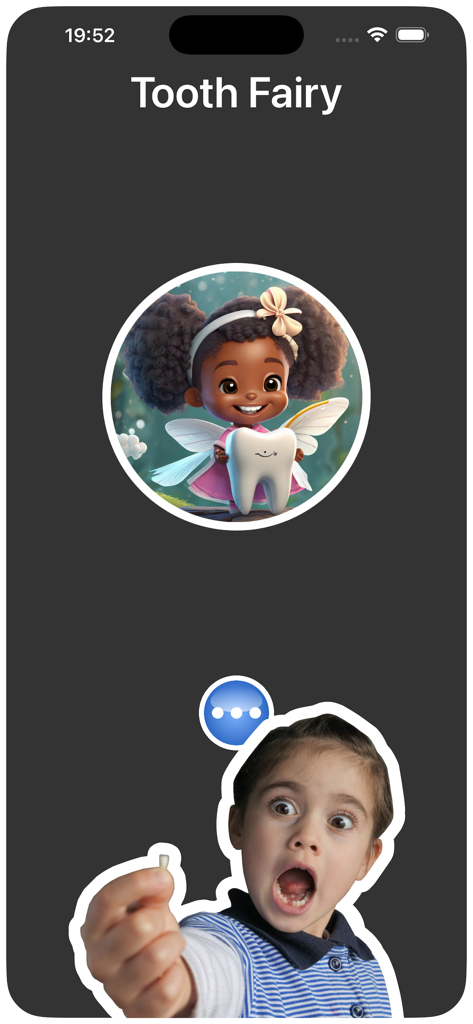 Smartphone screen showing a call interface with a cartoon tooth fairy and a surprised girl holding her lost tooth.