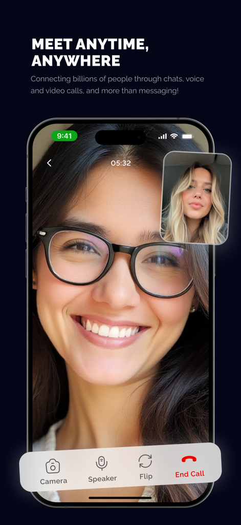 Uhm: Chat & Video - Interfaz de la aplicación Uhm durante una videollamada de alta calidad entre dos usuarios