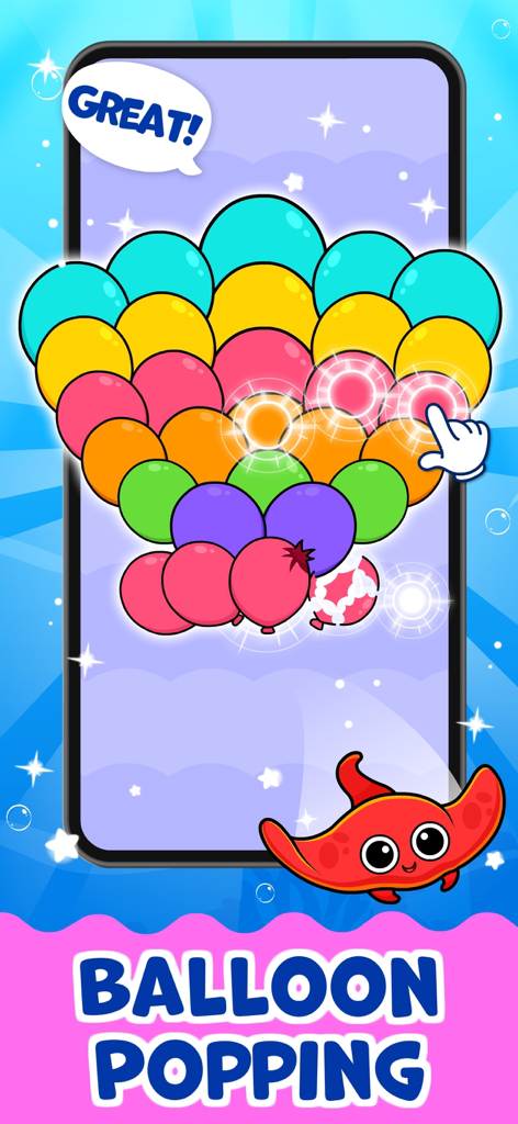 Ein bunter Ballon-Plätze-Spielbildschirm für Kleinkinder mit einem roten Stachelrochen-Charakter