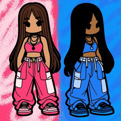 girl in baggy pants crop top and long hair