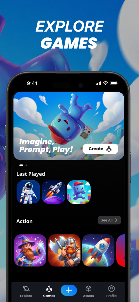 Gummy: AI Game Maker - Interfaz de la aplicación Gummy AI Game Maker mostrando la sección de exploración con categorías de juegos y un banner de prompt a juego.