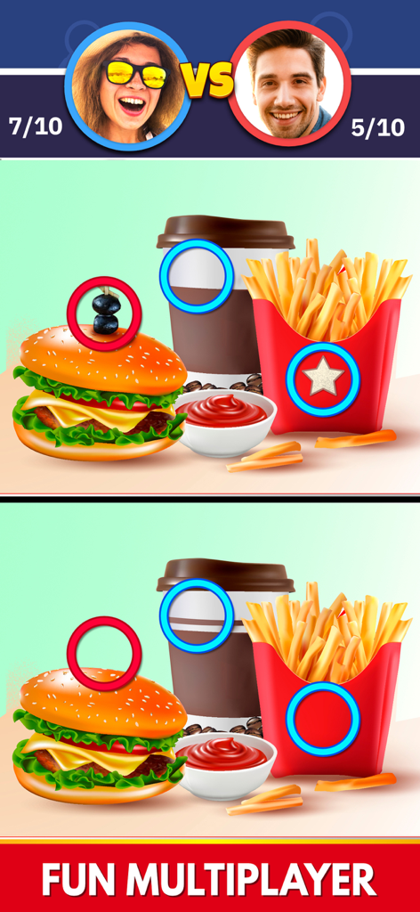 Find The Differences: Spot It - Partida multijugador en el juego de rompecabezas Encuentra las Diferencias mostrando diferencias resaltadas entre dos imágenes de comida.