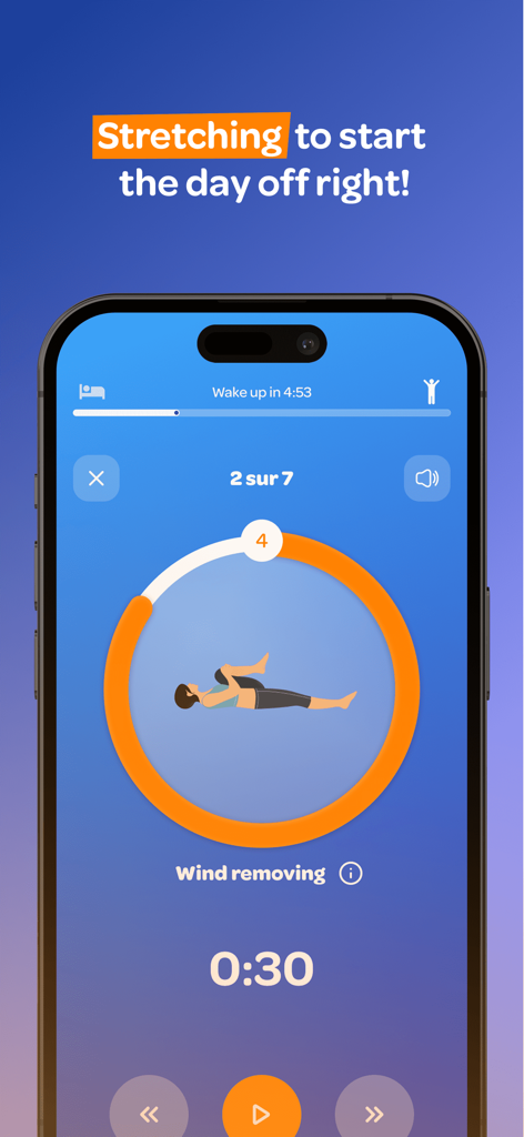 Personal Morning Routine WayUp - WayUp app interface showing a guided morning stretch routine with an exercise timer and illustration.