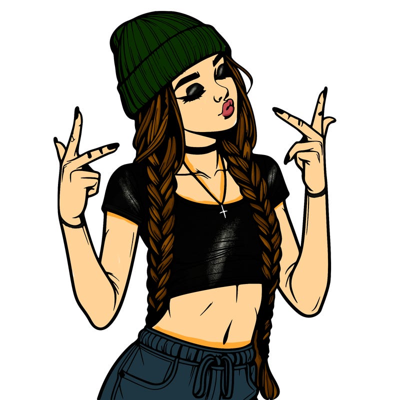 realistic teenage girl with braids and a beanie and crop top doing 🫶🏼