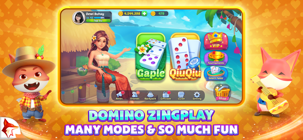 Menú principal del juego Domino ZingPlay que muestra los modos Gaple y QiuQiu con personajes tropicales